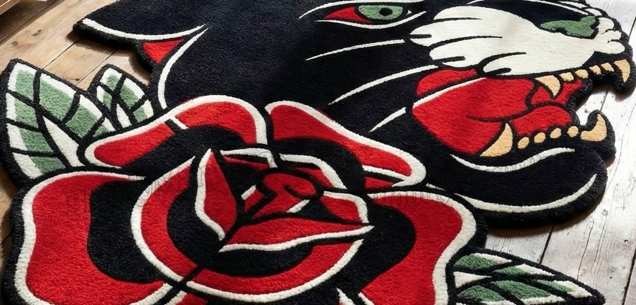 Black Panther Rose Tattoo Rug
