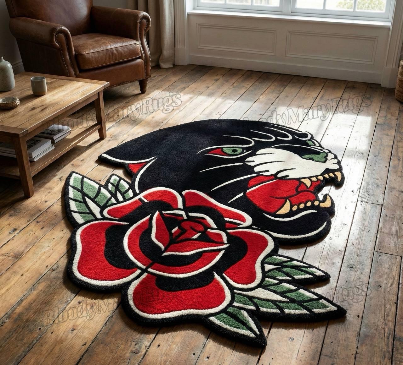 Black Panther Rose Tattoo Rug