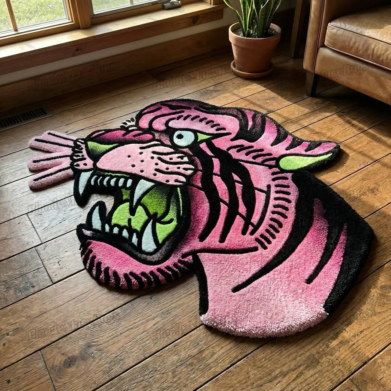 Pink Tiger Head Tattoo Rug